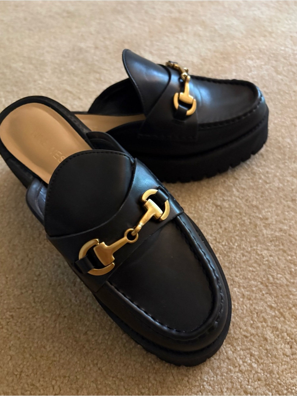 Nine West Black Leather Slip-On Mules with Gold Horsebit Accent